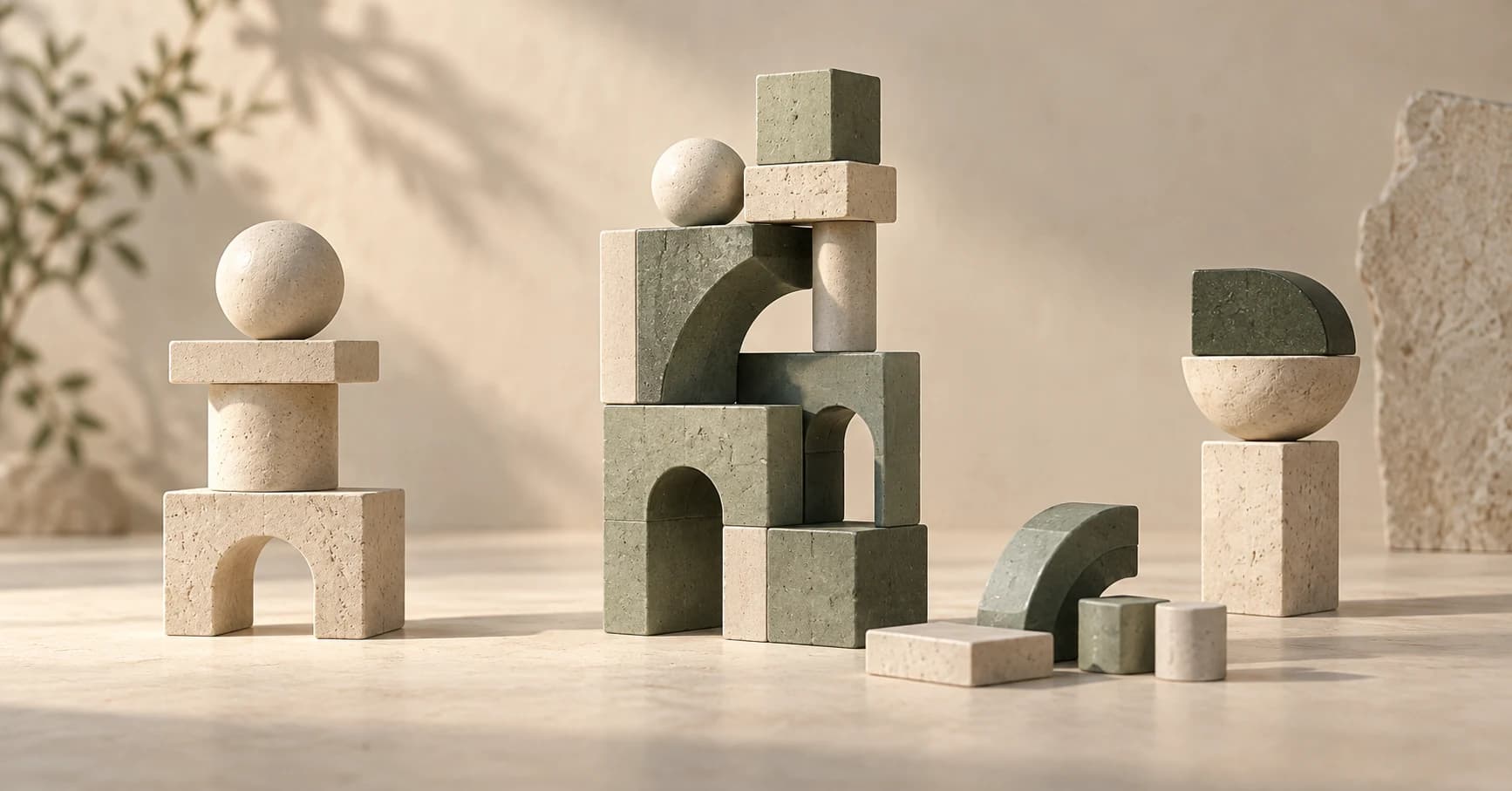 Conceptual illustration of three stone and sage architectural studies, with pieces laid beside the central structure.