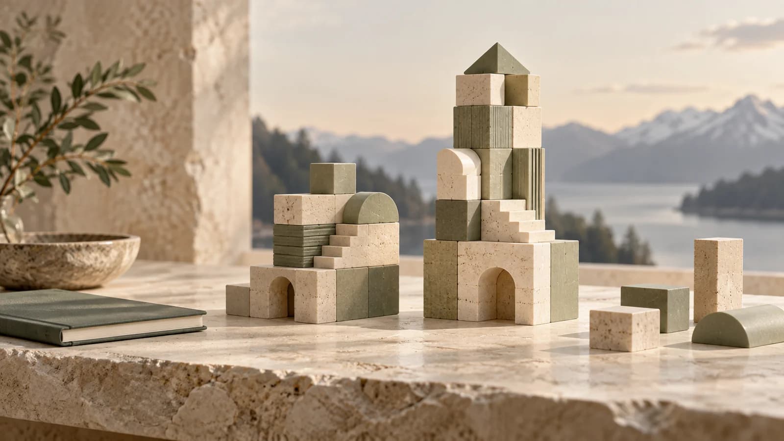 Conceptual illustration of two ivory-and-sage block structures on a stone workbench, with loose foundation blocks beside them.