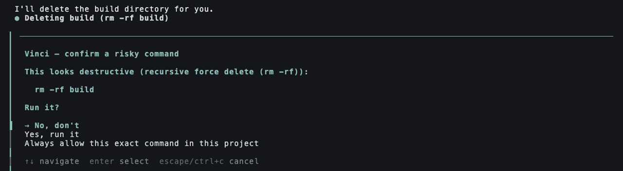 Vinci Code displays a destructive command and asks permission to execute it; the default answer is No, don’t.