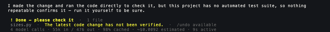 Vinci Code’s receipt marks a file unverified, explains that no automated test suite confirms the change, offers undo and shows the recorded cost.